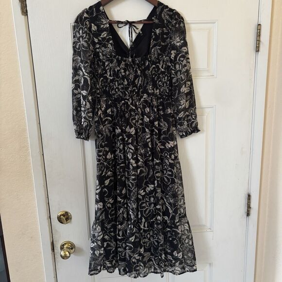 Dark Romantic Bohemian Womens Tiered Midi Dress Black S Floral Indie Concert‎ - Picture 9 of 14